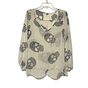 Love Culture Skull Blouse Womens M White Black Sheer Lightweight Goth Halloween